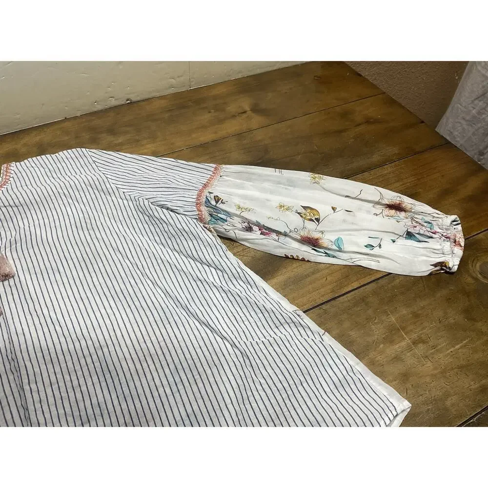 Johnny Was Workshop Effortless Peasant Top Puff Floral Tassel Size Small